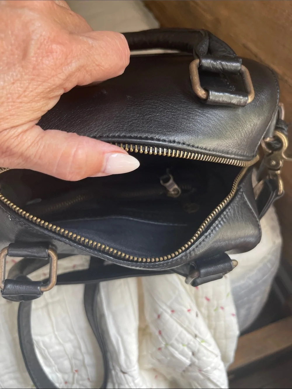 Black Leather Satchel with Top Handles and Crossbody Strap